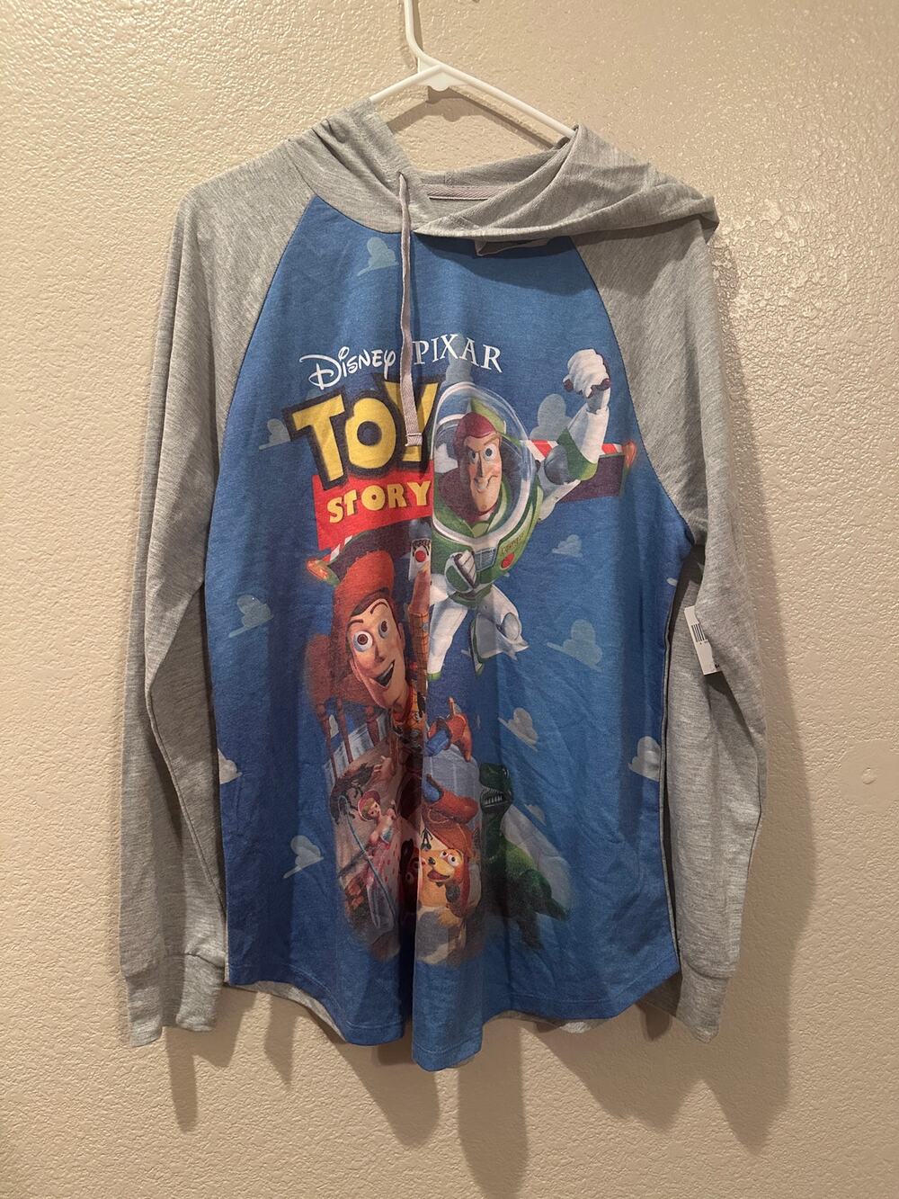 NWT Disney Parks Pixar Toy Story Buzz Woody Hooded Long Sleeve Gray tee Sz M